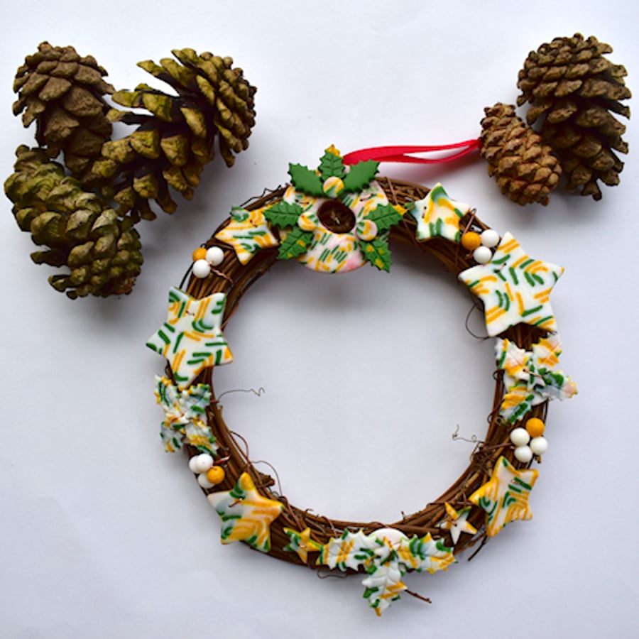Christmas Wreath Festive Polymer Clay Holly, Stars & Baubles on Rattan - 15cm