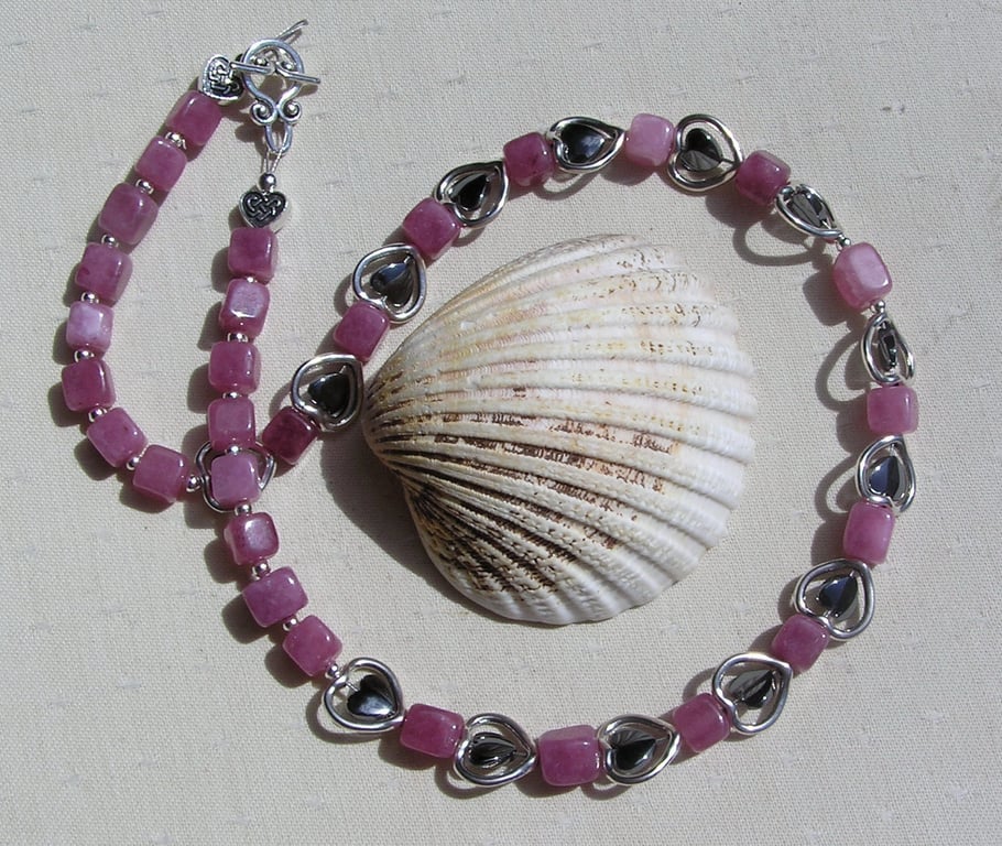 Strawberry Quartz & Black Hematite Gemstone Beaded Heart Necklace
