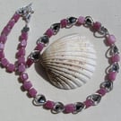 Strawberry Quartz & Black Hematite Gemstone Beaded Heart Necklace