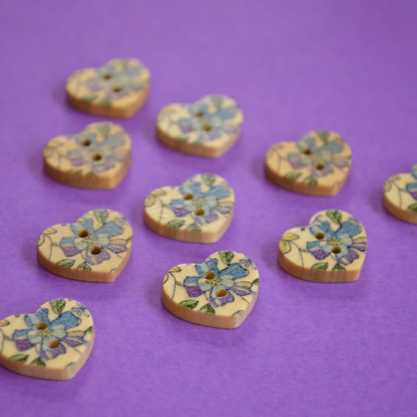 Small Natural Wooden Heart Buttons Floral Blue Purple Green 10pk 18x15mm (NH7)