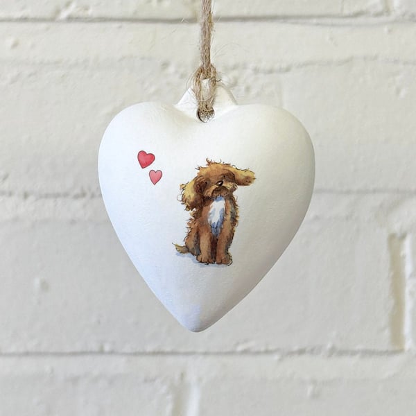 Cockapoo Brown & White Ceramic Heart Bauble