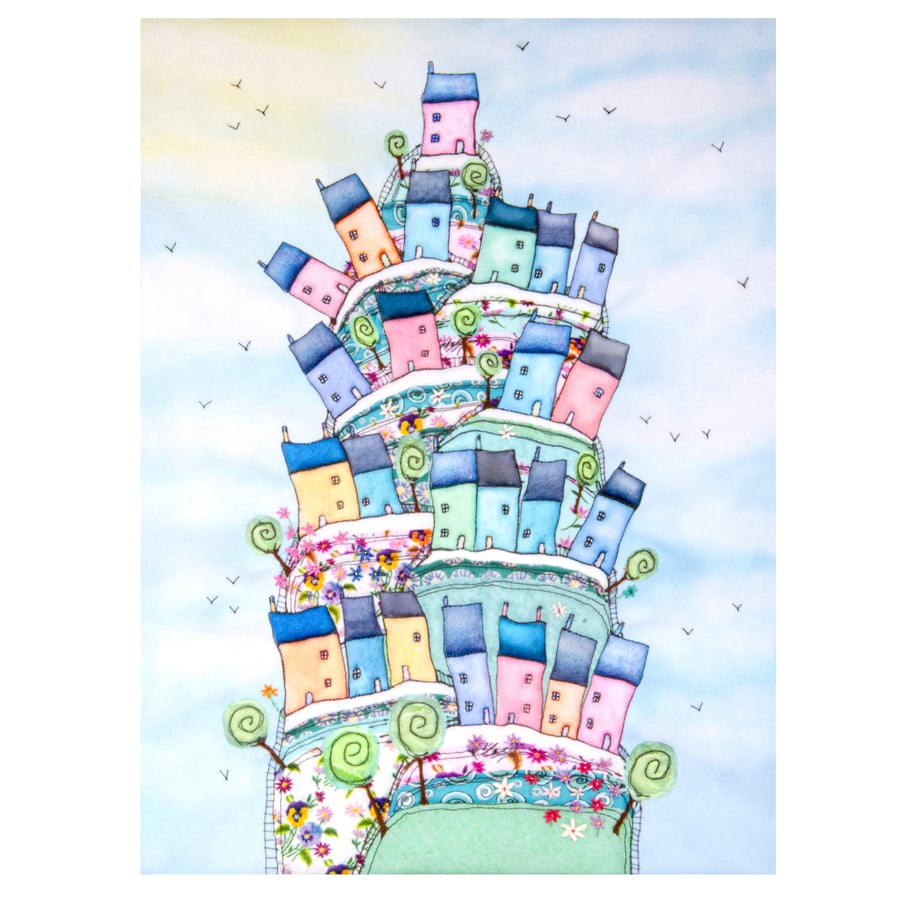 Whimsical Colourful Houses Art Print - print only or framed print