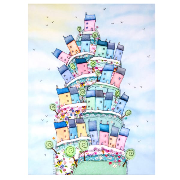 Whimsical Colourful Houses Art Print - print only or framed print