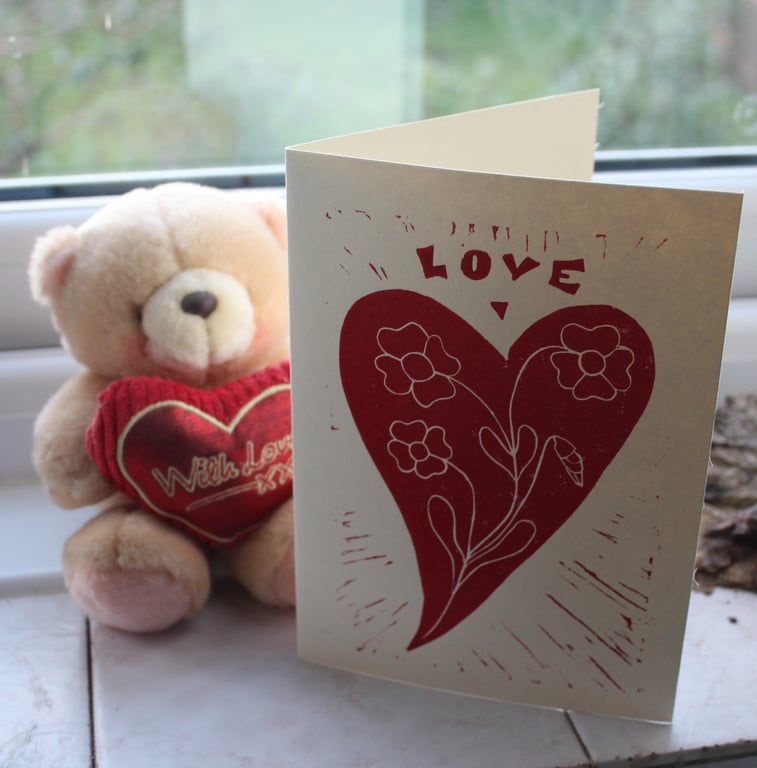 Love original linocut greetings card