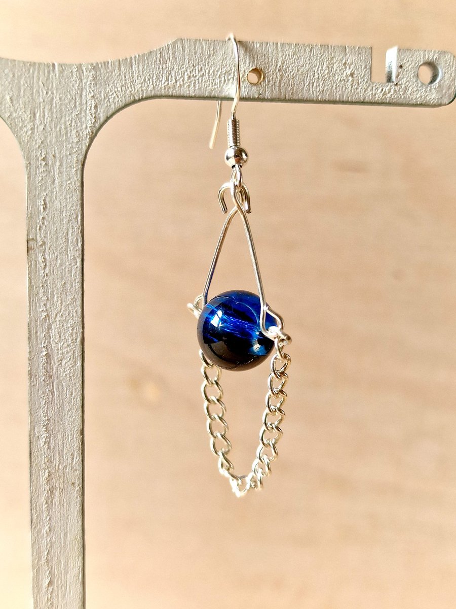 Blue Glass Bead Earrings, Handmade Boho Jewellery, Silver Chain Drop Earrings