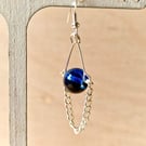 Blue Glass Bead Earrings, Handmade Boho Jewellery, Silver Chain Drop Earrings