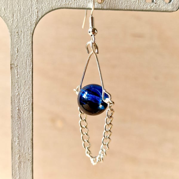 Blue Glass Bead Earrings, Handmade Boho Jewellery, Silver Chain Drop Earrings