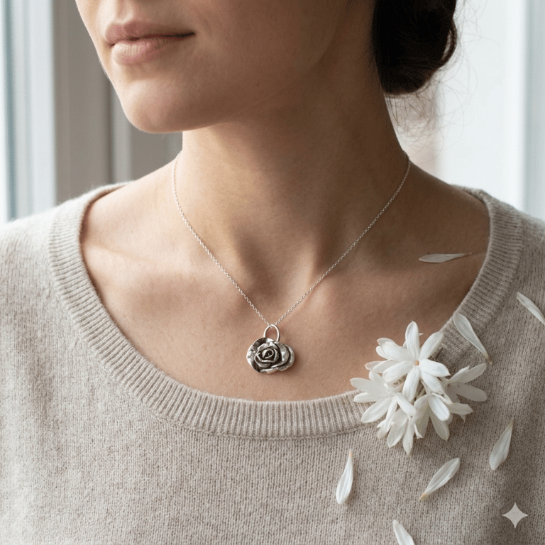 A beautiful delicate pure silver Rose Necklace complete with chain
