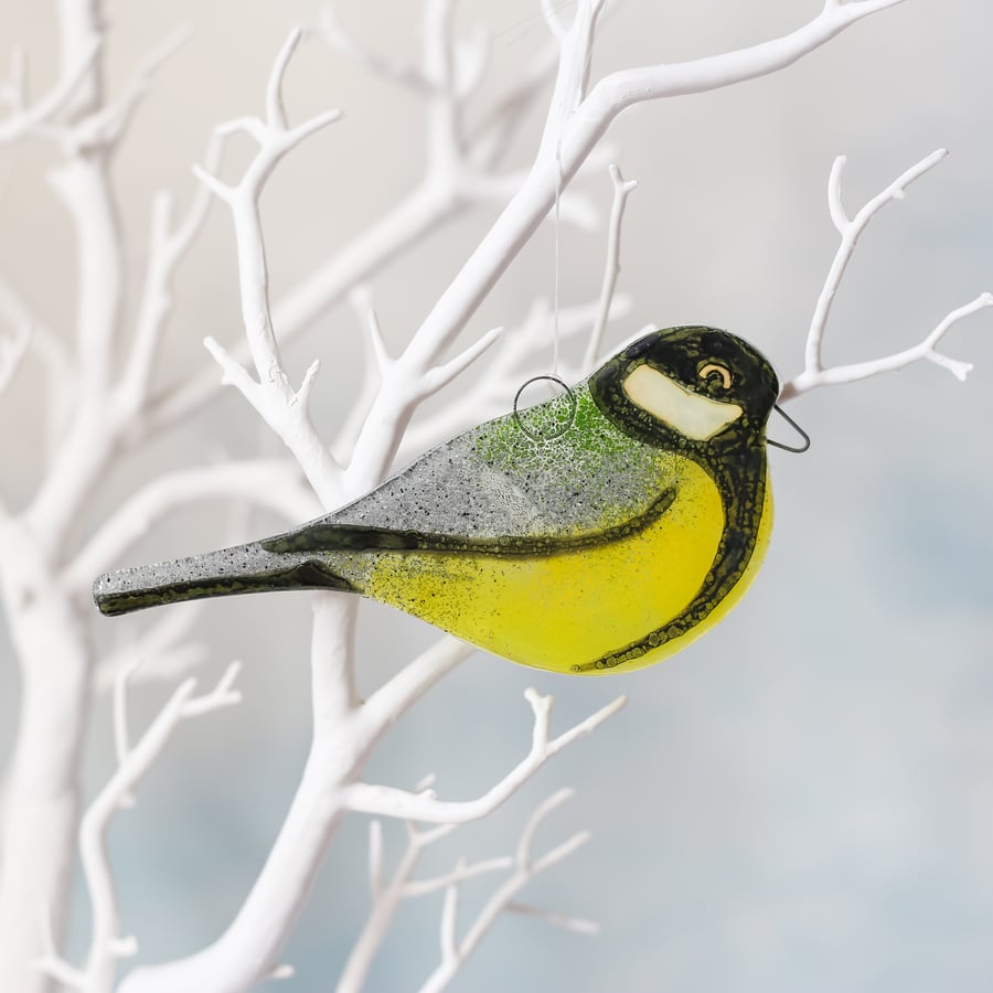 Fused Glass Great Tit Decoration. British Garden Birds