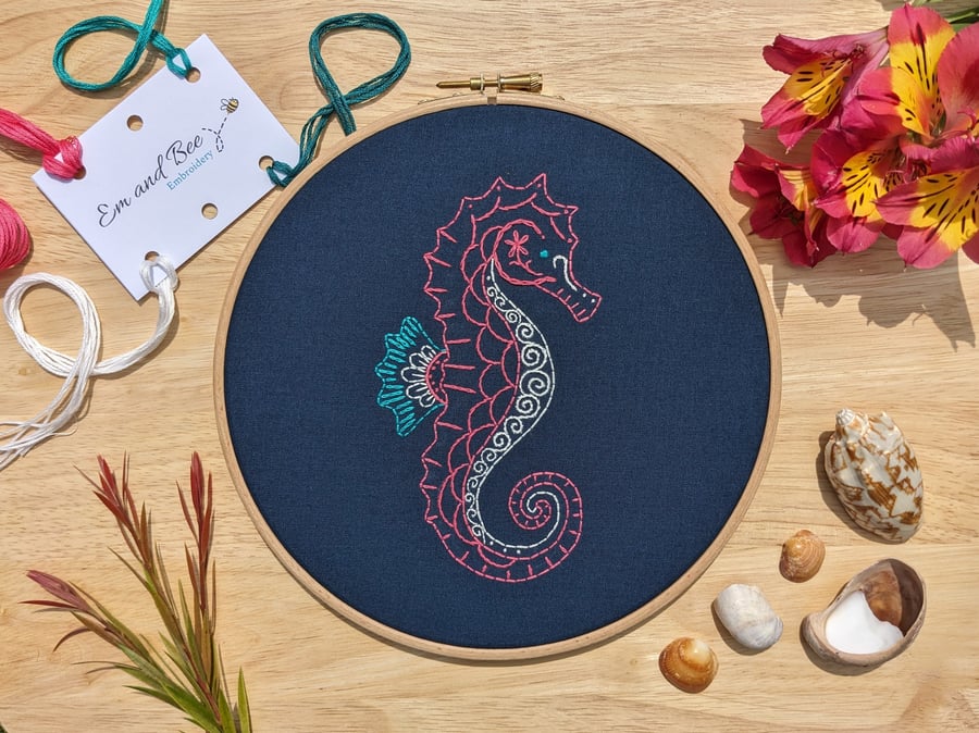 Seahorse Embroidery Kit - Complete kit with detailed instructions - 8" hoop