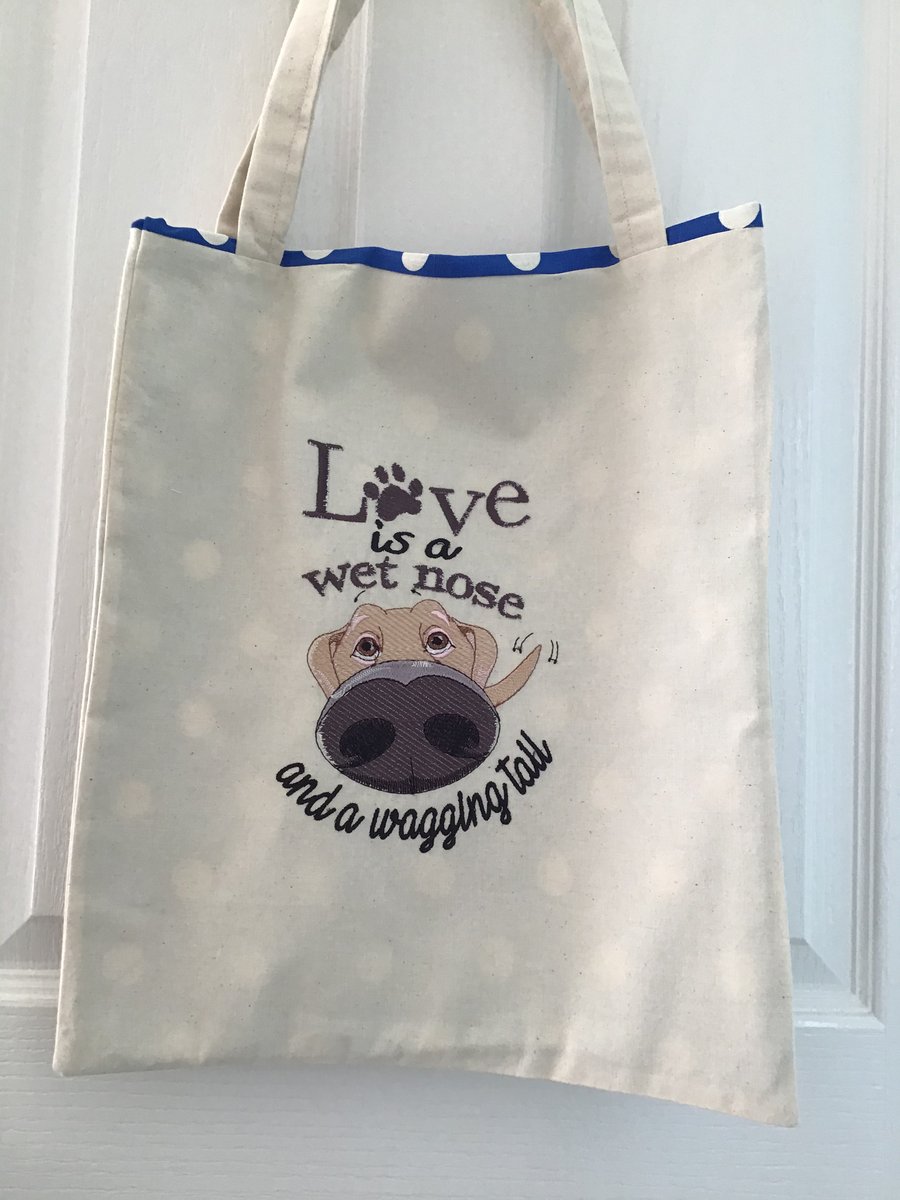 Tote bag with dog .  Reduced was 10.00 now 7.00.