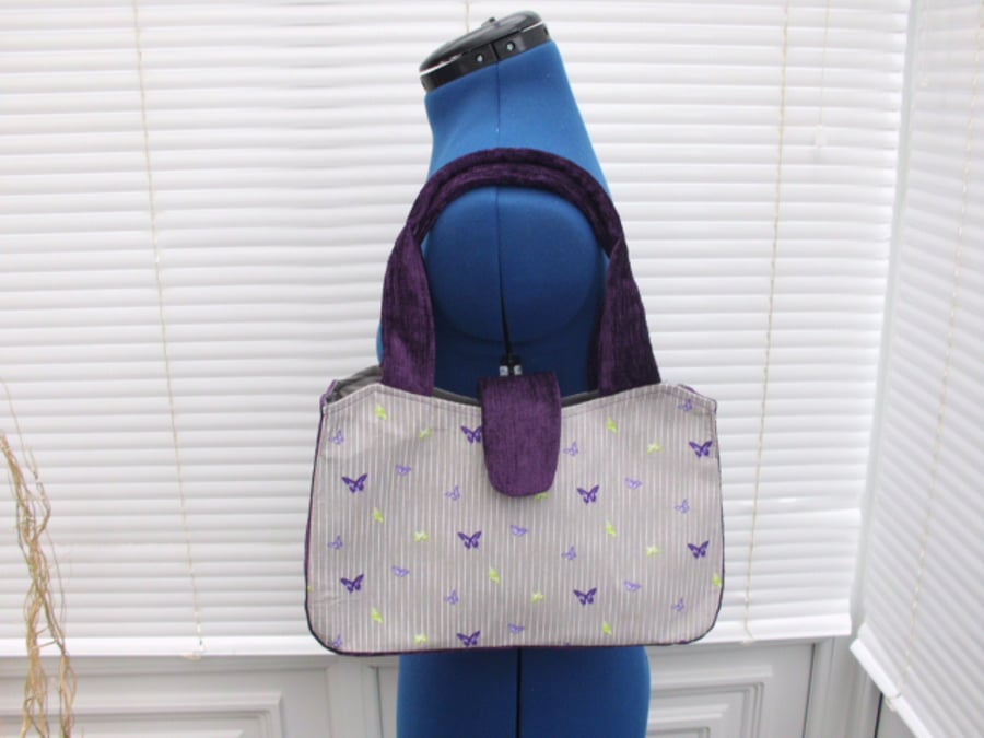 Hand bag Shoulder Bag in Purple and Grey with  butterflies and stripes 