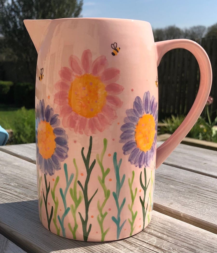 Hand Painted Pink and Lavender Floral Busy Bee Jug, Vase, Ceramic, Large