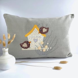 SALE - Birdhouse Cushion with Birds and Flowers