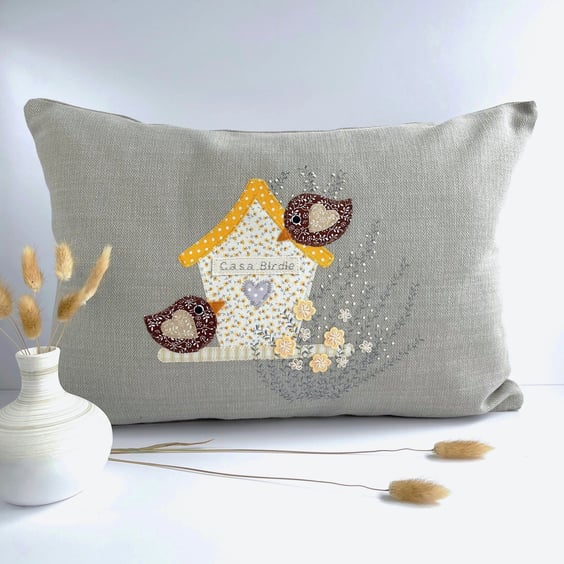 SALE - Birdhouse Cushion with Birds and Flowers