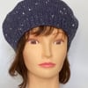 Women's Classic Hand Knit Wool Beret, Airforce Blue Hat, Knitted French Beret