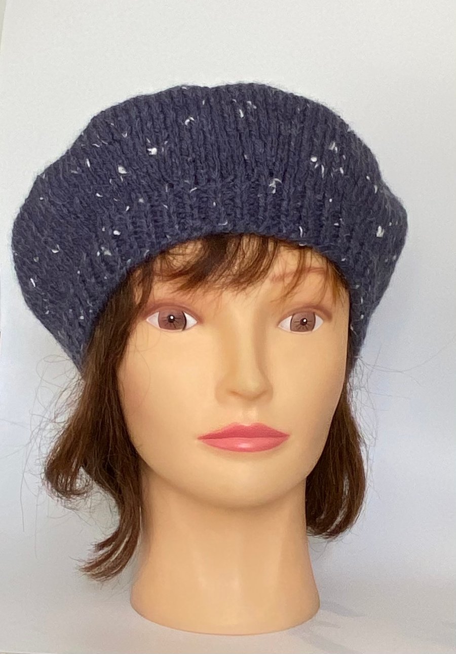 Women's Classic Hand Knit Wool Beret, Airforce Blue Hat, Knitted French Beret