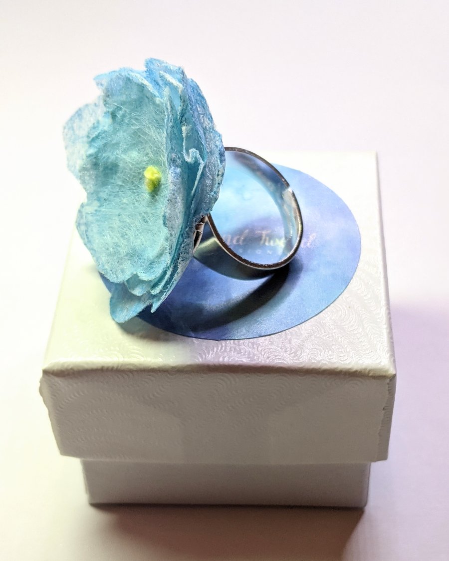 Ring, flower ring, blue ring, adjustable ring, textile ring, statement ring