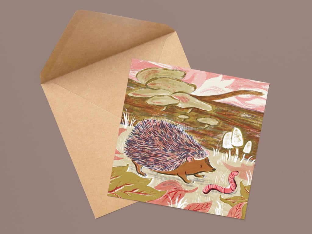 Cute Hedgehog Greetings Card Wildlife Gifts Worm Illustration Nature Artwork