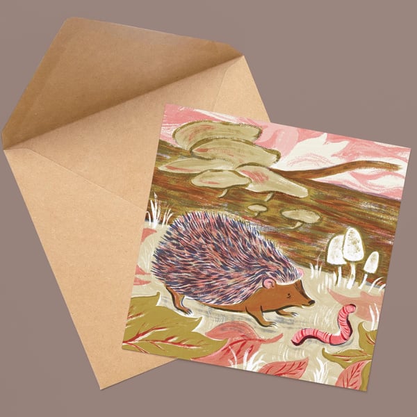 Cute Hedgehog Greetings Card Wildlife Gifts Worm Illustration Nature Artwork