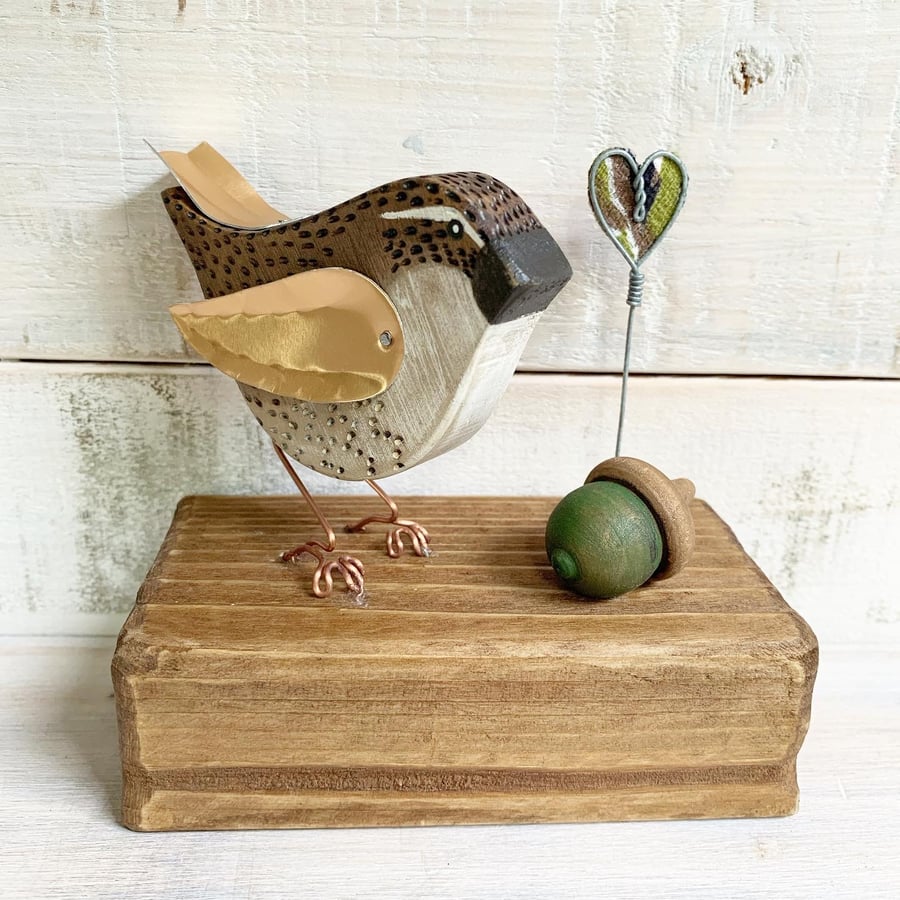 Wooden Wren with Acorn and Heart Autumn Sculpture Gift