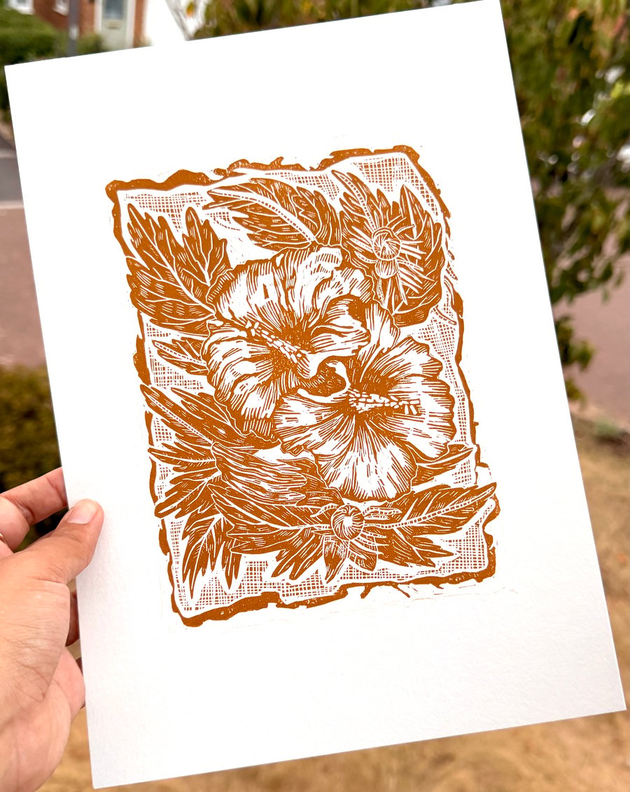 'Hibiscus: I didn't know these could grow here' A4 lino print