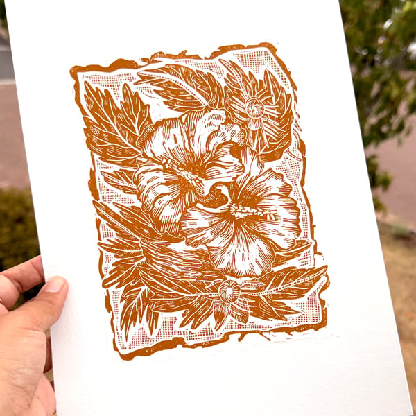 'Hibiscus: I didn't know these could grow here' A4 lino print