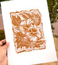 'Hibiscus: I didn't know these could grow here' A4 lino print