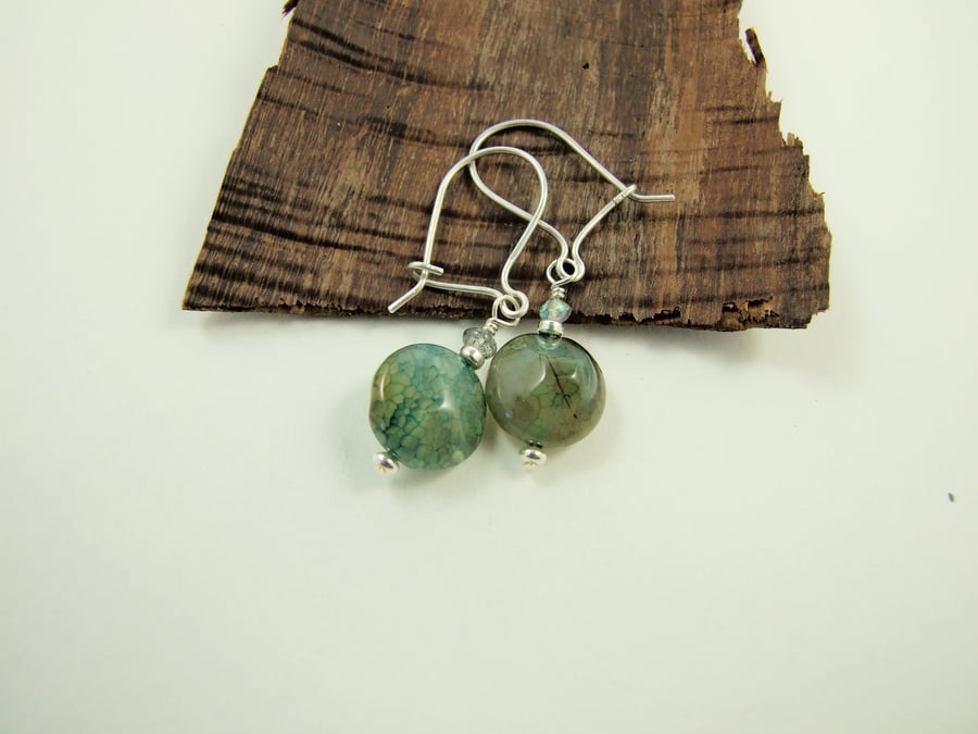 Earrings, Sterling Silver, Green Agate and Labradorite Dropper