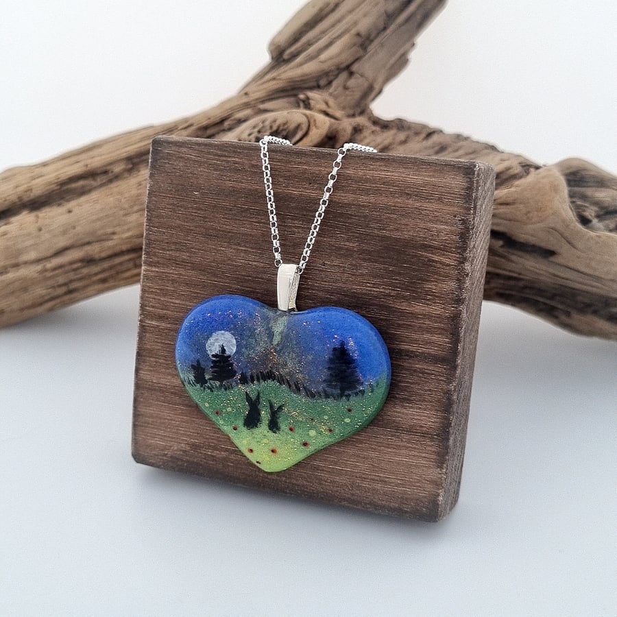 Handmade Fused Glass Moonlight Hares Necklace: Sterling Silver Pendant