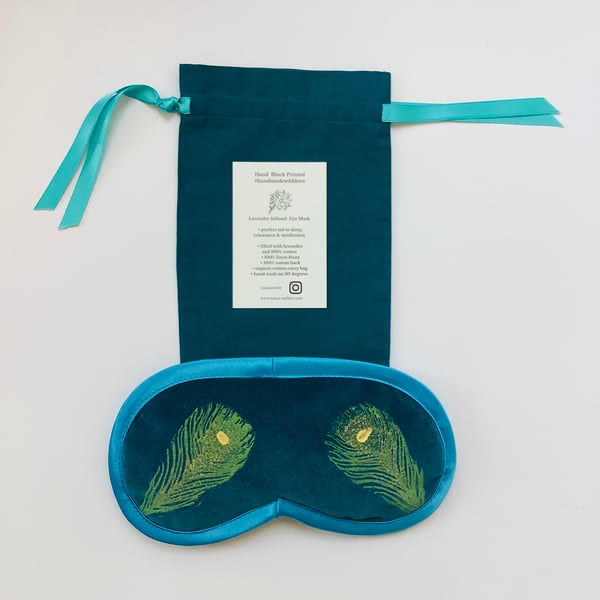 Teal Peacock Feathers lavender infused eye mask 