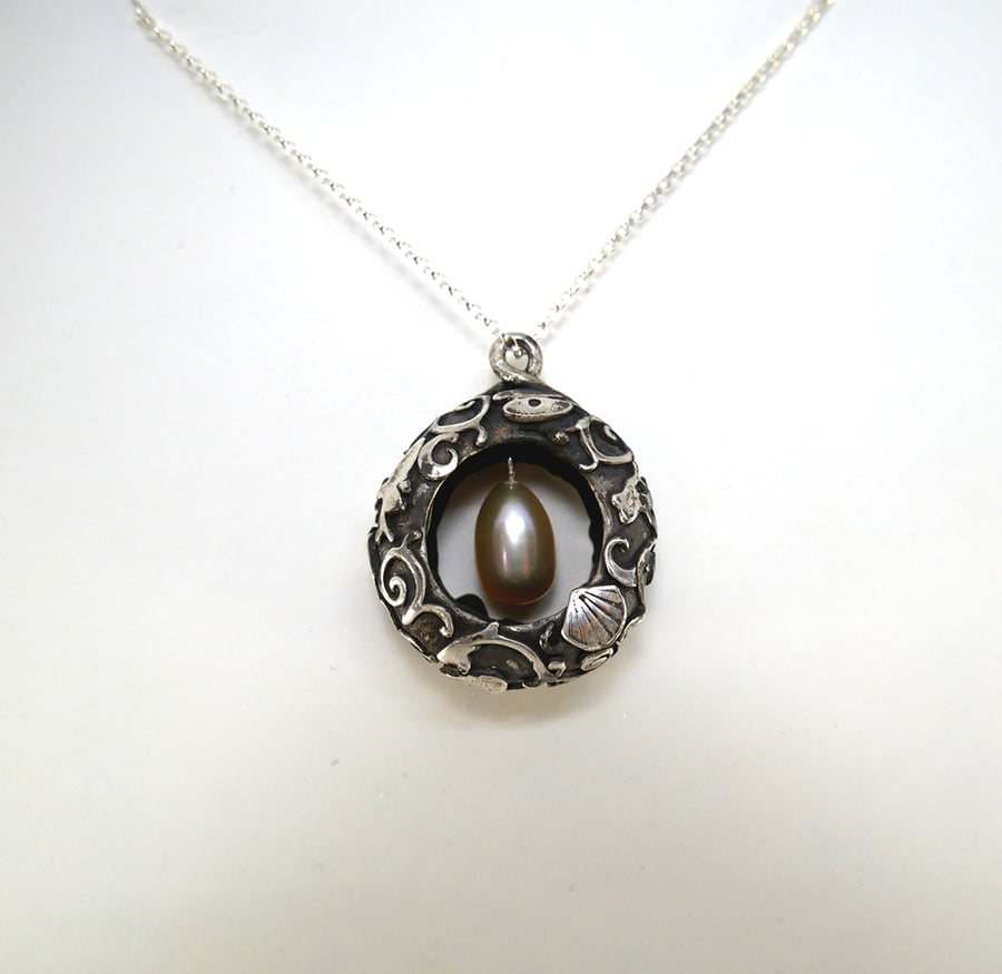 Sea Creatures and Dangling Pearl Silver Pendant