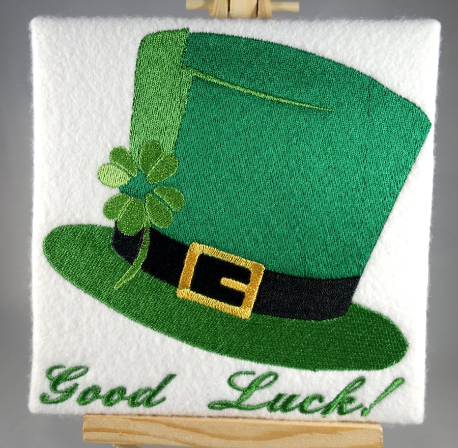 Handmade Irish hat good luck greetings card embroidered design 