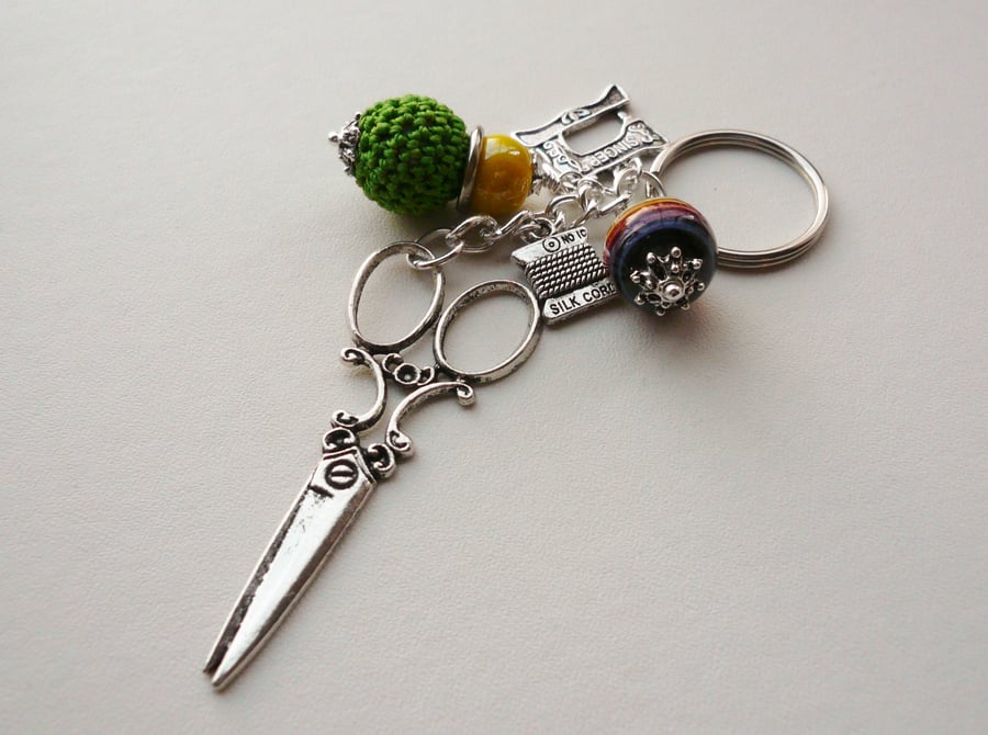 Keyring Bag Charm  Ceramic Bead Dressmaker Sewing Themed   KCJ1656