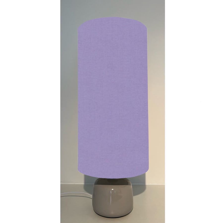 Lilac cotton drum extra tall cylindrical lampshade, with a white lining