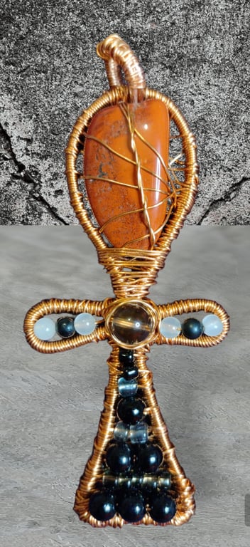 Copper Wired Red Jasper Crystal Beaded Ankh Pendant