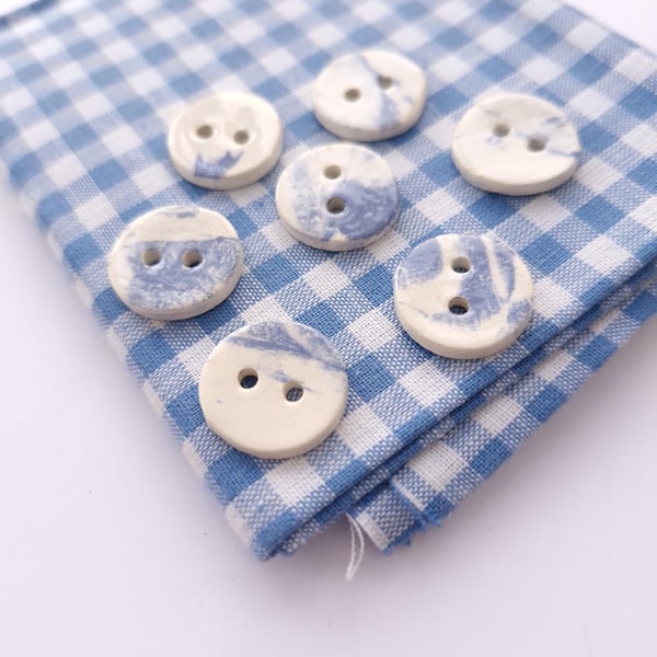 Blue and white ceramic buttons handmade. A white and blue marbled design. Set of
