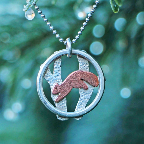 Handcrafted Copper Red Squirrel Silver Pendant Necklace