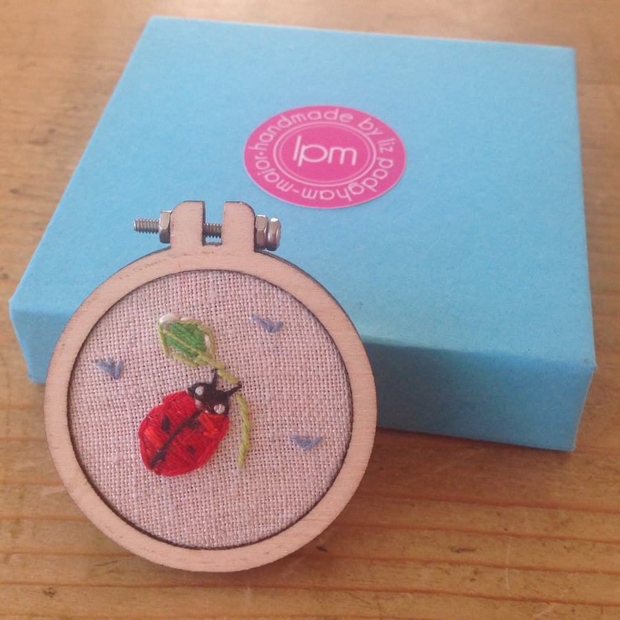 Hand Embroidered Ladybird Mini Hoop Brooch