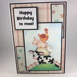 Handmade birthday card - farm animals, Happy Birthday to moo