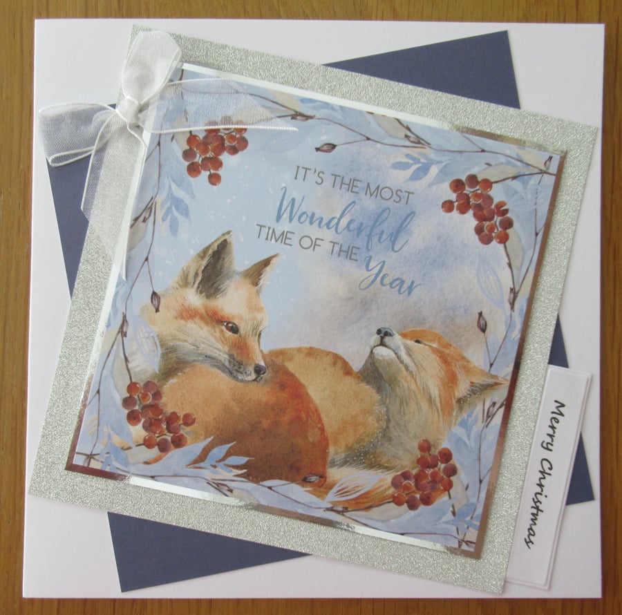 7x7" Two Foxes Christmas Card Folksy