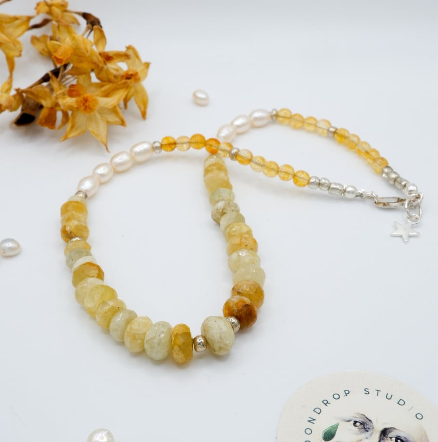 Sunshine Yellow Heliodor, Pearl & Citrine Gemstone Beaded Choker Necklace 