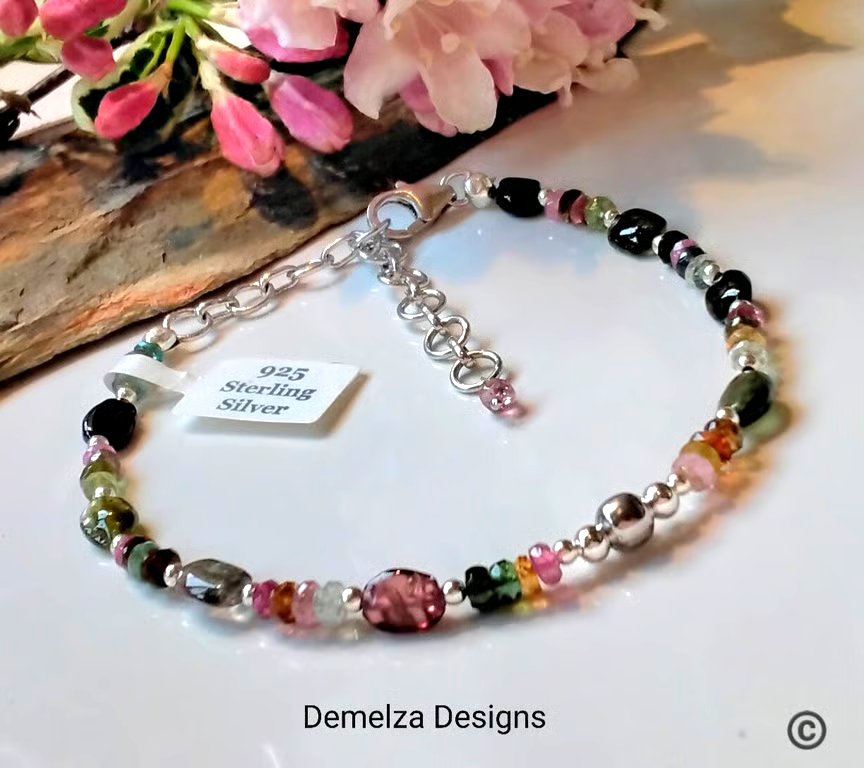 Dainty,  Watermelon Tourmaline Sterling Silver Bracelet ONE OFF