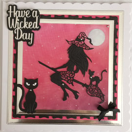 Pagan Halloween Card Have a Wicked Day Sexy Witch Cats 3D Luxury Pink 3