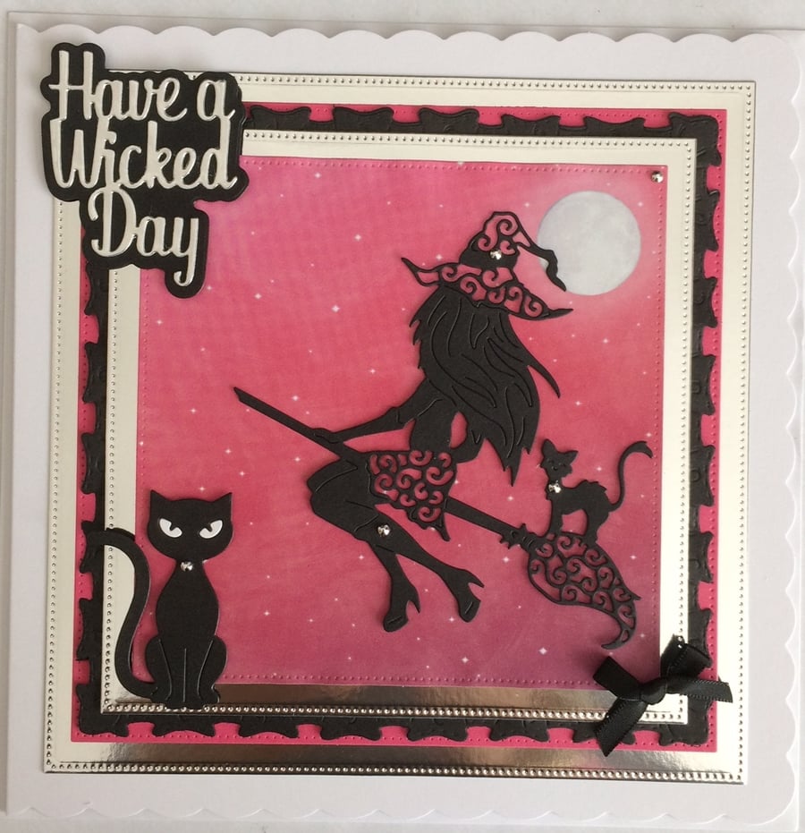 Pagan Halloween Card Have a Wicked Day Sexy Witch Cats 3D Luxury Pink 3