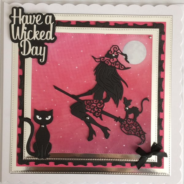 Pagan Halloween Card Have a Wicked Day Sexy Witch Cats 3D Luxury Pink 3