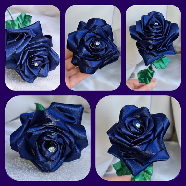 Gorgeous Handmade Navy Blue Ribbon Rose - Long Stem Artificial Flower Gift