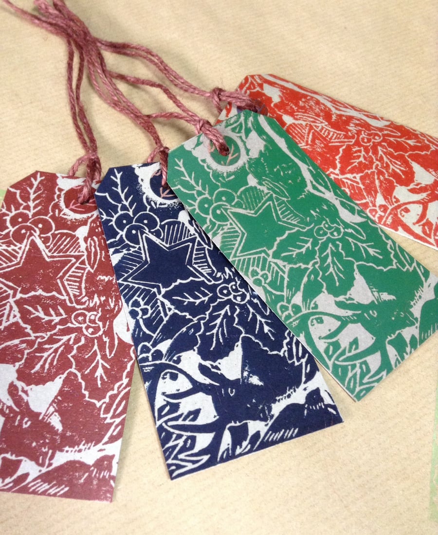 Set of Four Handprinted Stag and Hare Christmas Gift Tags