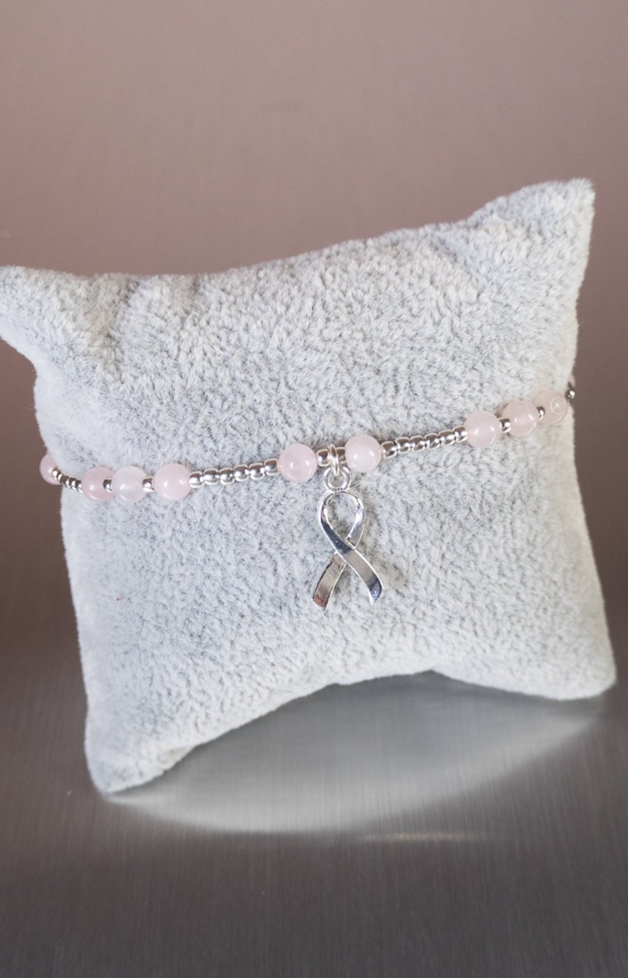 Rose Quartz and Sterling Silver awareness ribbon charm bracelet breast cancer