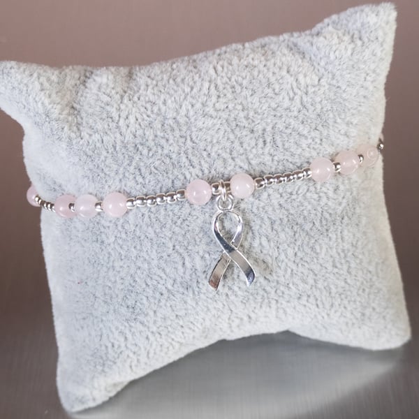 Rose Quartz and Sterling Silver awareness ribbon charm bracelet breast cancer